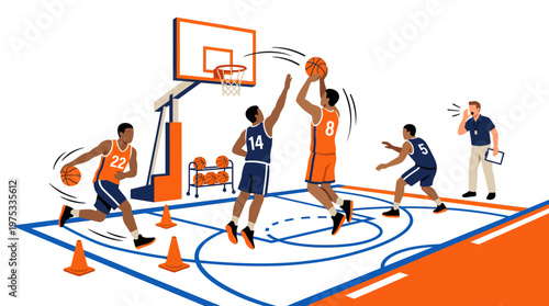 Basketball training session with players practicing dribbling, shooting, and defense on an indoor court with a coach observing and cones for drills
