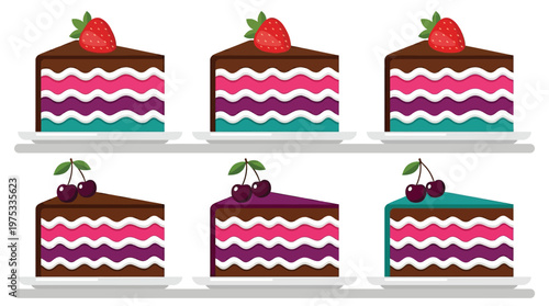Set of Colorful Layered Cake Slices with Strawberries and Cherries on Plates Flat Vector Illustration for Bakery Menu