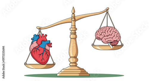 Heart vs. Brain Balance: Emotional Intelligence & Logic Concept, Human Organs on Scales, Mind Harmony Metaphor isolated on transparent background.
