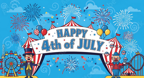 Celebrate Independence Day with Festive Fireworks Display and Carnival Attractions Including a Ferris Wheel and Roller Coaster Amidst Cheerful Balloons Under a Bright Blue Sky This Glorious
