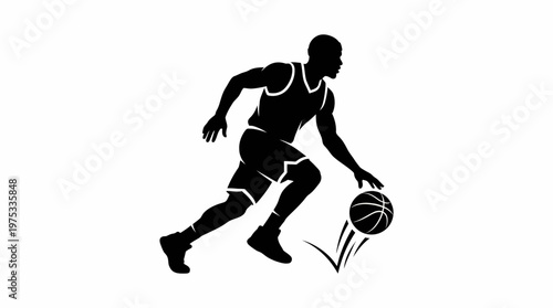 A dynamic silhouette of a basketball player skillfully dribbling the ball down the court in a powerful motion, capturing the intensity of the game