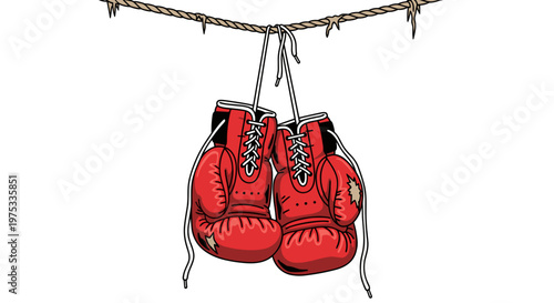 Cartoon Red Boxing Gloves Hanging: Sport, Retirement, Vector Cutout Illustration. Punching, competition concept, Isolated on transparent background.