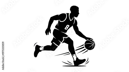 Dynamic silhouette of a basketball player skillfully dribbling the ball during a fast-paced game, embodying agility and competitive spirit on the court, perfect for sports design