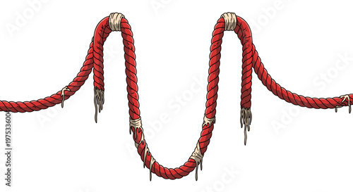 Distressed Red Rope Cartoon, Edgy Decoration - Nautical Adventure, Rough and Tattered, Tied Up Grunge, Nautical Theme, Isolated on transparent background
