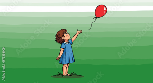 Girl with Red Balloon Vector Illustration: Innocence and Hope - Child Reaching for Freedom, Isolated on transparent background. Cartoon Style, Childhood Dreams