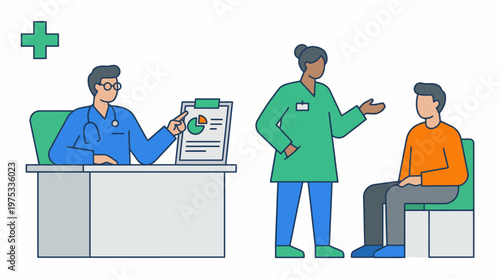 Doctor consulting with patient at desk, illustration of medical consultation and healthcare services