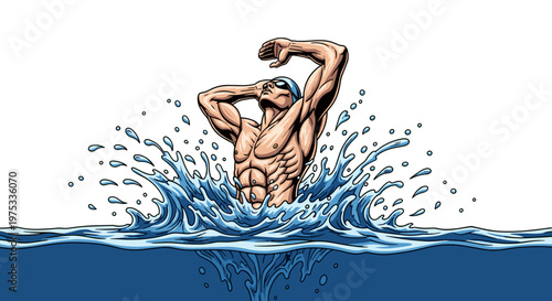 Vector Swimmer Victory: Muscular Athlete Emerging from Water, Celebrating Triathlon Success, Isolated on Transparent Background, Illustrative Style