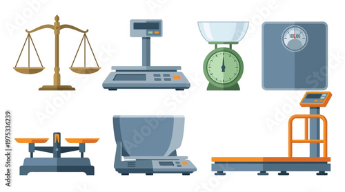 Professional weighing scale set with digital kitchen industrial and justice balance icons isolated on white background