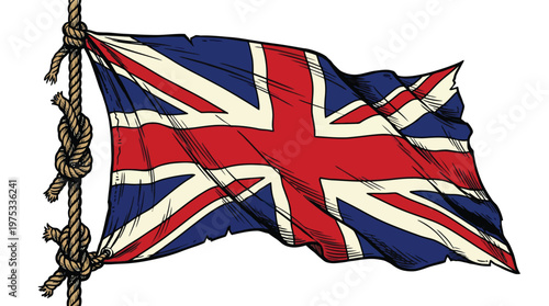 Vintage Hand Drawn Union Jack UK Flag Illustration on Nautical Rope for British Travel and History Themes
