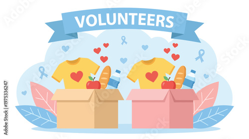 Charity Donation Boxes with Food and Clothes for Social Support and Nonprofit Volunteer Outreach Program Flat Illustration