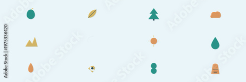 Hand-drawn nature icon set featuring abstract geometric shapes with halftone shading and eco-friendly elements illustration