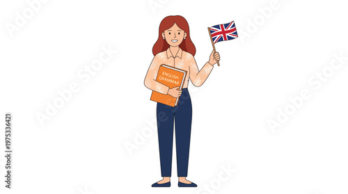 Smiling female teacher holding English grammar textbook and British flag for language school education marketing
