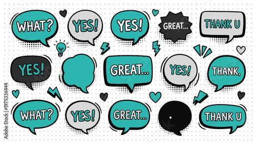 Comic Style Speech Bubbles and Hand Drawn Chat Icons Set in Teal and Grey for Social Media Marketing and Design