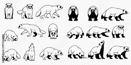 Set of black and white cartoon wolverine illustrations in various poses, isolated on a transparent background.