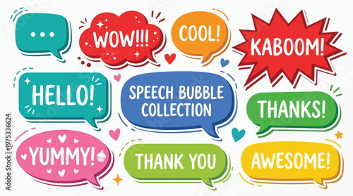 Colorful Speech Bubble Collection with Comic Expressions WOW Hello and Kaboom for Social Media Marketing Graphic Design
