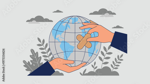 Global Healing Illustration with Hands Placing Bandage on Earth Globe for Environmental and Humanitarian Crisis Themes