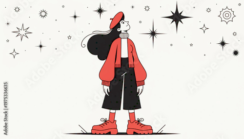 minimalist woman portrait looking up stars