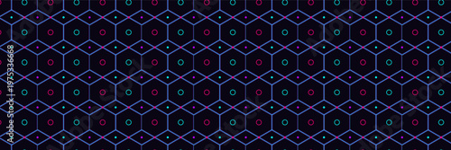 Hand-drawn neon glowing hexagon grid pattern with cyan magenta geometric shapes on dark background illustration