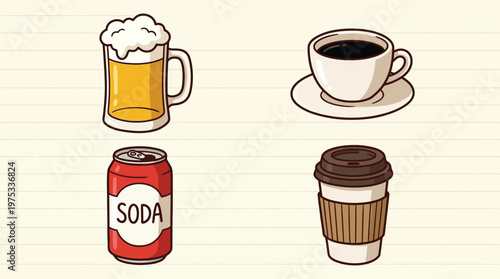 Hand Drawn Beverage Icon Set featuring Beer Mug Coffee Cup and Soda Can on Lined Paper Background