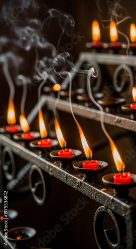 Candles on metal shelf indoors burning.