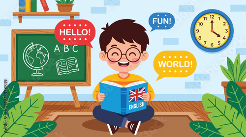 Happy Young Boy Reading English Textbook in Classroom Vector Illustration for Children Education and Language Learning