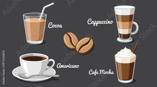 Set of Coffee and Cocoa Drinks Illustration Including Americano Cappuccino Mocha and Roasted Coffee Beans