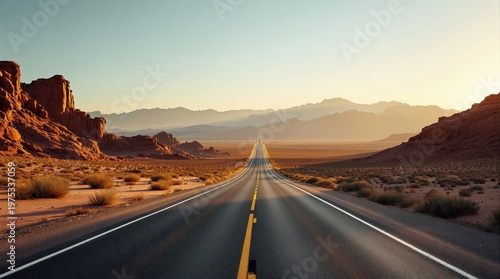 Expansive asphalt highway stretches into distant hazy mountains under a golden sunset, creating a dramatic, lonely road trip vista in a cinematic, wide-angle perspective.
