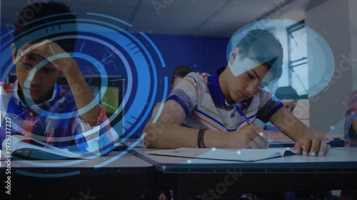 Students following education prompt, writing and flipping pages as HUD overlays shifting over books