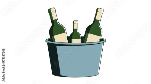 Minimalist Green Wine Bottles in a Silver Ice Bucket Vector Art for Restaurant Menu Catering and Party Celebration