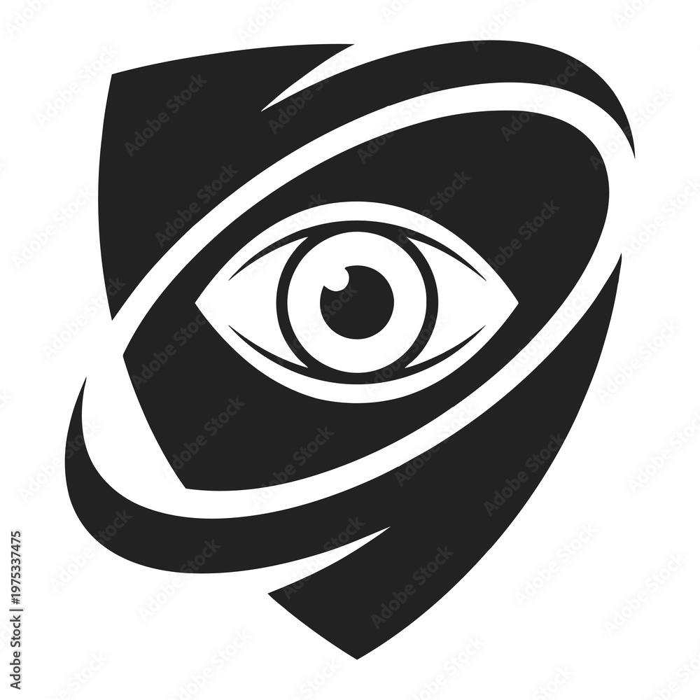 Obraz premium Stylized eye icon with abstract curved lines and shield shape design element icon