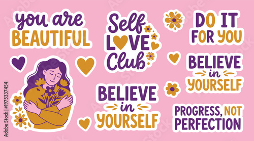 Vector Self Care Sticker Set with Positive Affirmations Mental Health Quotes and Body Positivity Illustrations for Planners