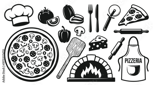 Professional Pizza Maker Elements Set with Wood Fired Oven Ingredients and Chef Tools for Restaurant Menu Design