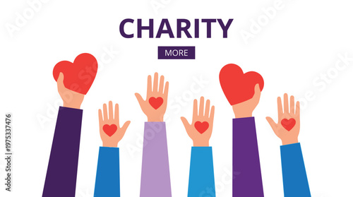 Charity and Donation Concept with Diverse Hands Raised Holding Red Hearts for Volunteering and Community Support Website Banner