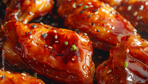 Close up of glazed chicken wings with sesame seeds in appetizing detail