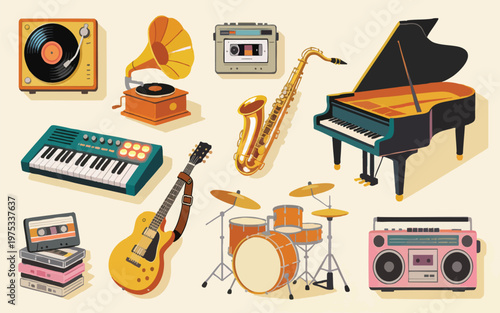 Retro Musical Instruments and Vintage Audio Equipment Vector Illustration Collection
