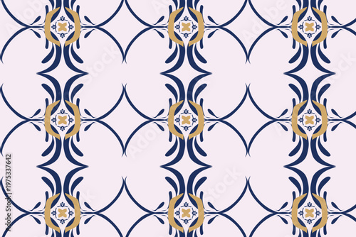 Navy and lavender vertical floral stripe seamless pattern with ornamental botanical bands and elegant symmetrical detailing