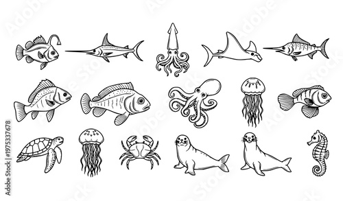 Sea creature wildlife icon set ocean animals black line vector marine life outline collection