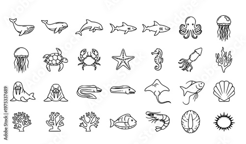 Ocean animal line icons set marine life outline collection sea creatures wildlife vector symbols