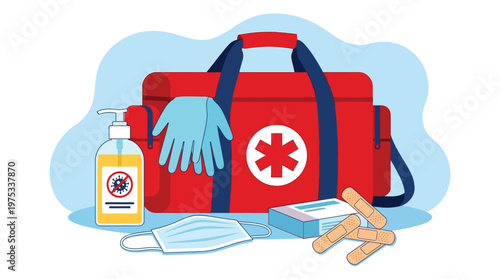 Emergency First Aid Kit with Medical Supplies Surgical Mask Hand Sanitizer and Bandages for Healthcare and Safety Concept