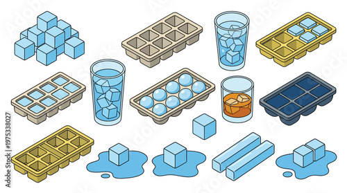 Isometric Ice Cube Trays and Chilled Drinks Vector Set with Melting Ice and Glassware for Kitchen and Beverage Projects