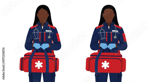 African American Female Paramedic Illustration Holding Medical Bag Isolated on White for Healthcare and Emergency Service Designs