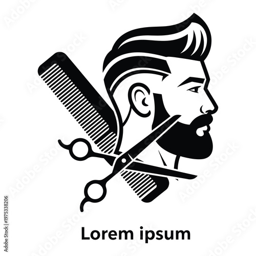 Black and white illustration of a mans head with scissors and comb icon