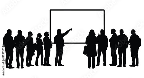 A group of people stands before a large blank screen seemingly in a presentation or meeting silhouette high quality professional detailed