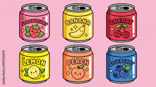 Set of Cute Kawaii Fruit Soda Cans Illustration with Smiley Faces for Summer Drinks and Beverage Design