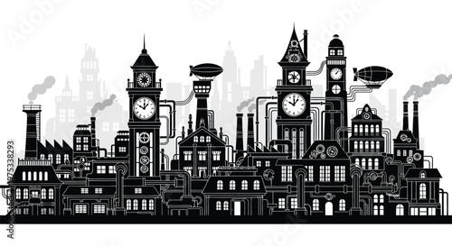 A detailed steampunk cityscape featuring clock towers factories and airships presented in a striking silhouette high quality professional modern elegant stylish