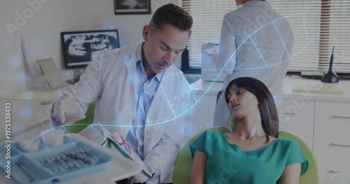 Dentist selecting tool and explaining dental exam, DNA helix passing between dentist and patient