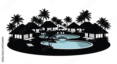 A tropical resort scene featuring thatched roof bungalows a winding pool and palm trees rendered as a striking silhouette high quality professional