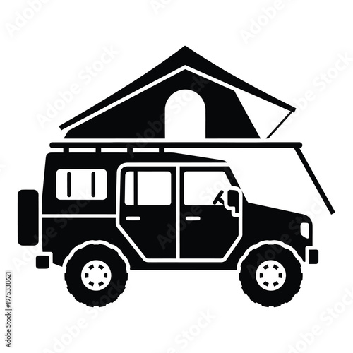 Black SUV car with roof tent for camping on white background icon
