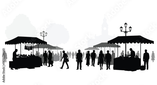 A bustling outdoor market scene featuring vendors and shoppers all rendered in a striking black silhouette high quality professional detailed modern