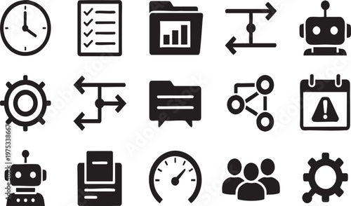 Productivity and Efficiency Icon Set: Time Management, Workflow Symbols (Transparent)